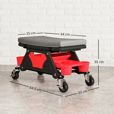 HOMCOM Rolling Mechanic Stool, 135kg Capacity Workshop Stool, 360° Swivel Roller Padded Creeper Seat with Wheels, Slide Out Tool Trays and Drawer for Garage, Shop, Auto Repair, Black 
