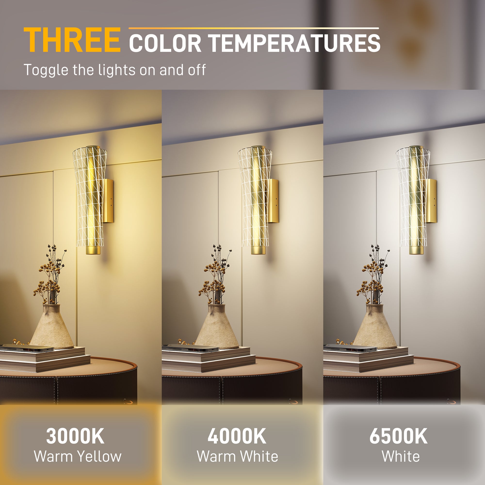 HOMCOM Led Wall Lamp 2 Pack, 9W Modern Indoor Geometric Mesh Wall Light, Colour Temperature Adjustable 3000K/4000K/6500K for Bedroom, Living Room, Hallway, Stairs, Gold Tone