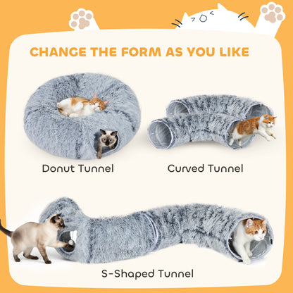 PawHut 2-in-1 Donut Cat Tunnel with Washable Bed, Play Tunnel Bed with Toy Ball and Door Hole for Indoor Cats, Light Grey