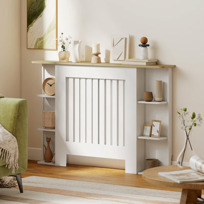 HOMCOM Radiator Cover with Open Storage Shelves, Vertical Slatted Cabinet Shelf Heater Cover for Living Room, Hallway, Medium, White 