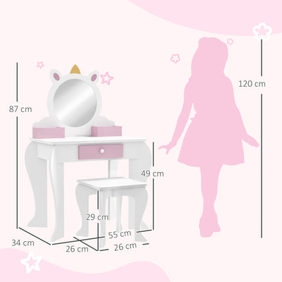 ZONEKIZ Unicorn-Design Kids Dressing Table, with Mirror and Stool - White 