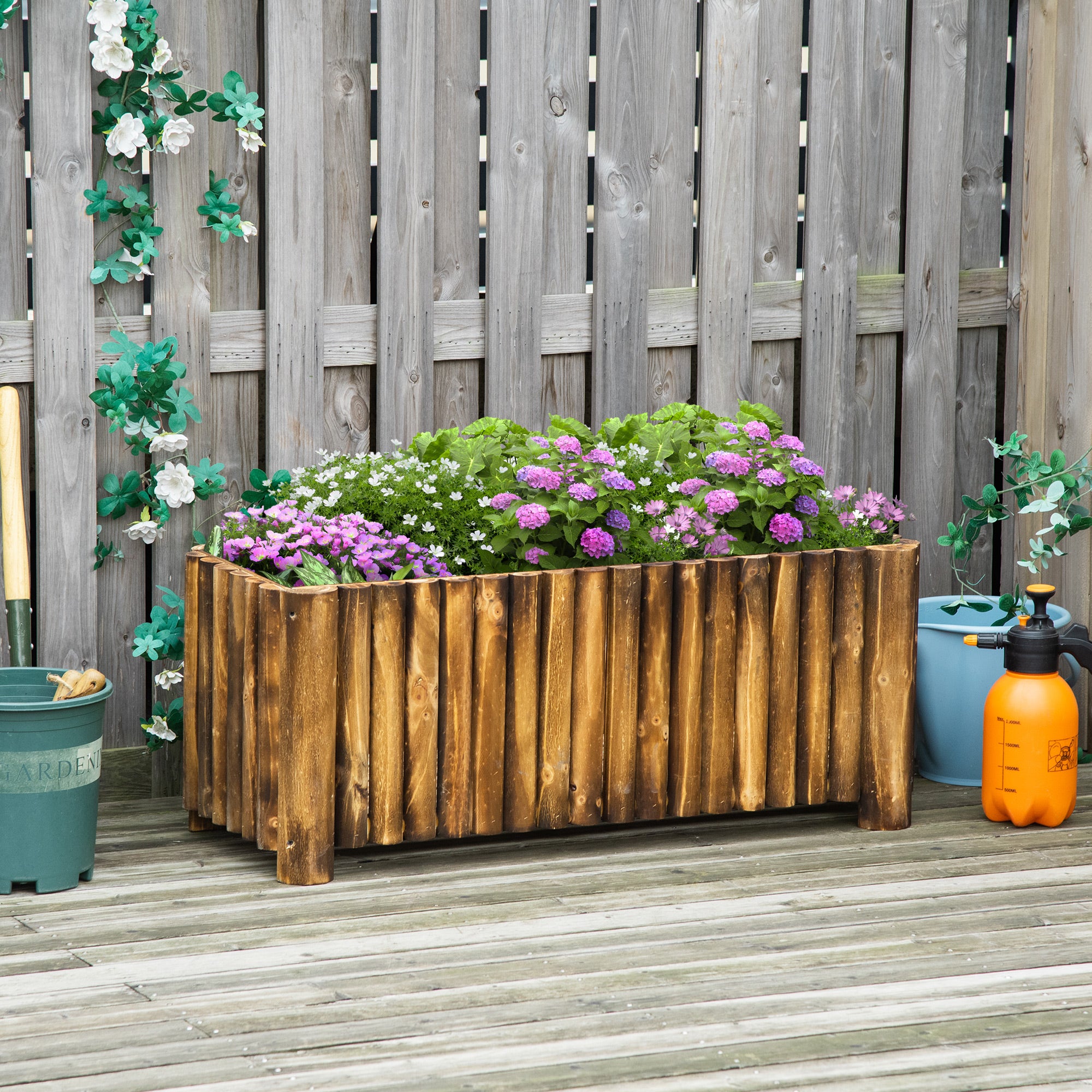 Outsunny 100L Raised Flower Bed Wooden Rectangular Planter Container Box Flower Pot Herb Pot 100L x 38.5W x 40H (cm) 