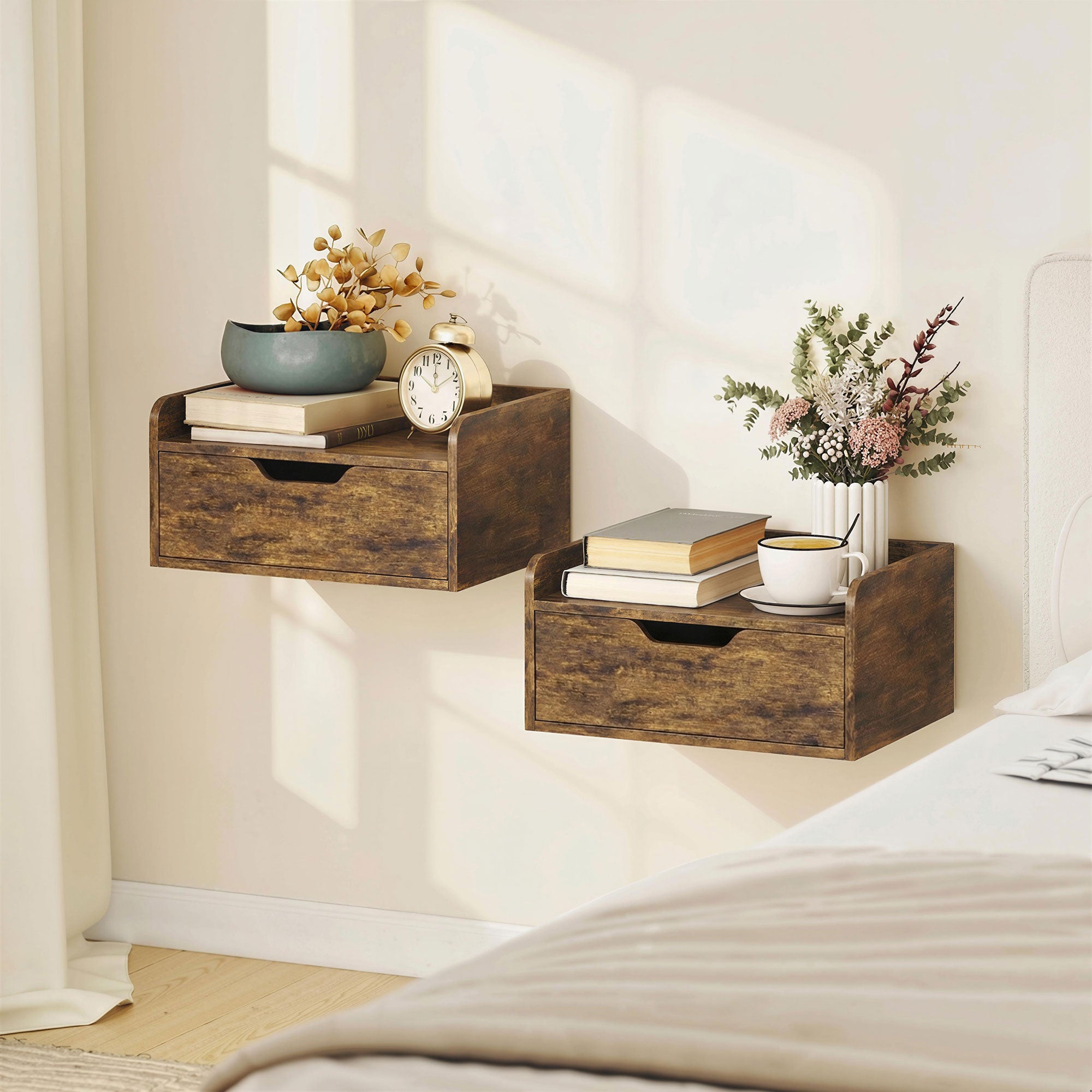 HOMCOM Floating Nightstands Set of 2, Wall Mounted Bedside Table with Drawer for Bedroom, Rustic Brown 