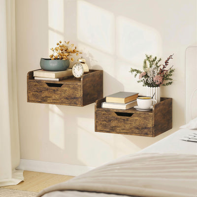 HOMCOM Floating Nightstands Set of 2, Wall Mounted Bedside Table with Drawer for Bedroom, Rustic Brown 
