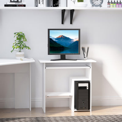 HOMCOM Compact Small Computer Table Wooden Desk Keyboard Tray Storage Shelf Modern Corner Table Home Office White 