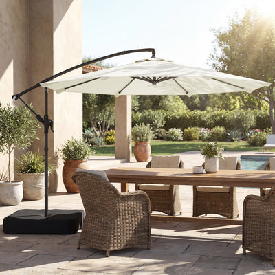 Outsunny 3 m Garden Cantilever Parasol with Cross Base, Sandbag, 360° Rotating Overhanging Banana Umbrella, Cream White 