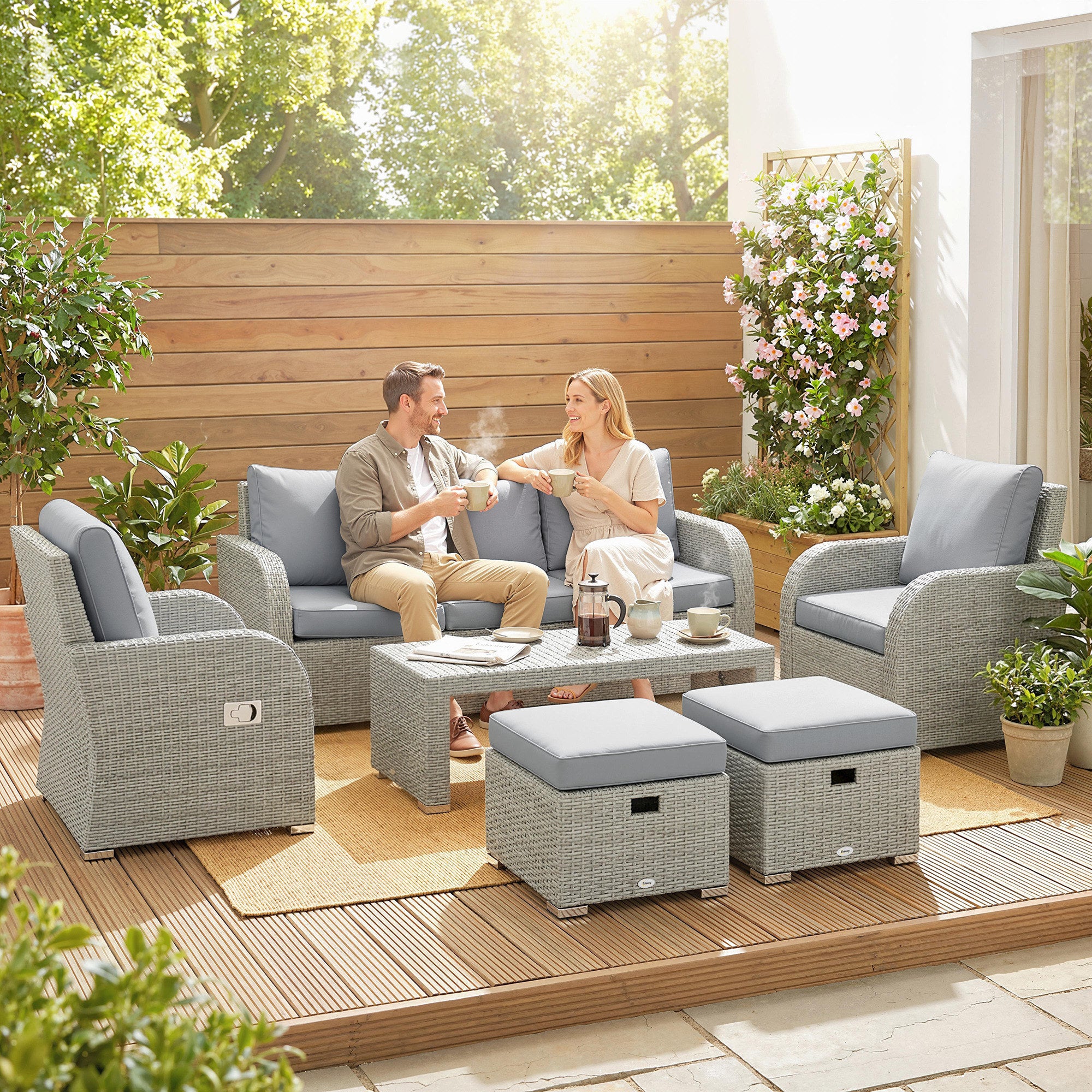 Outsunny Six-piece Rattan Garden Furniture Set with Reclining Armchairs - Dark Grey 