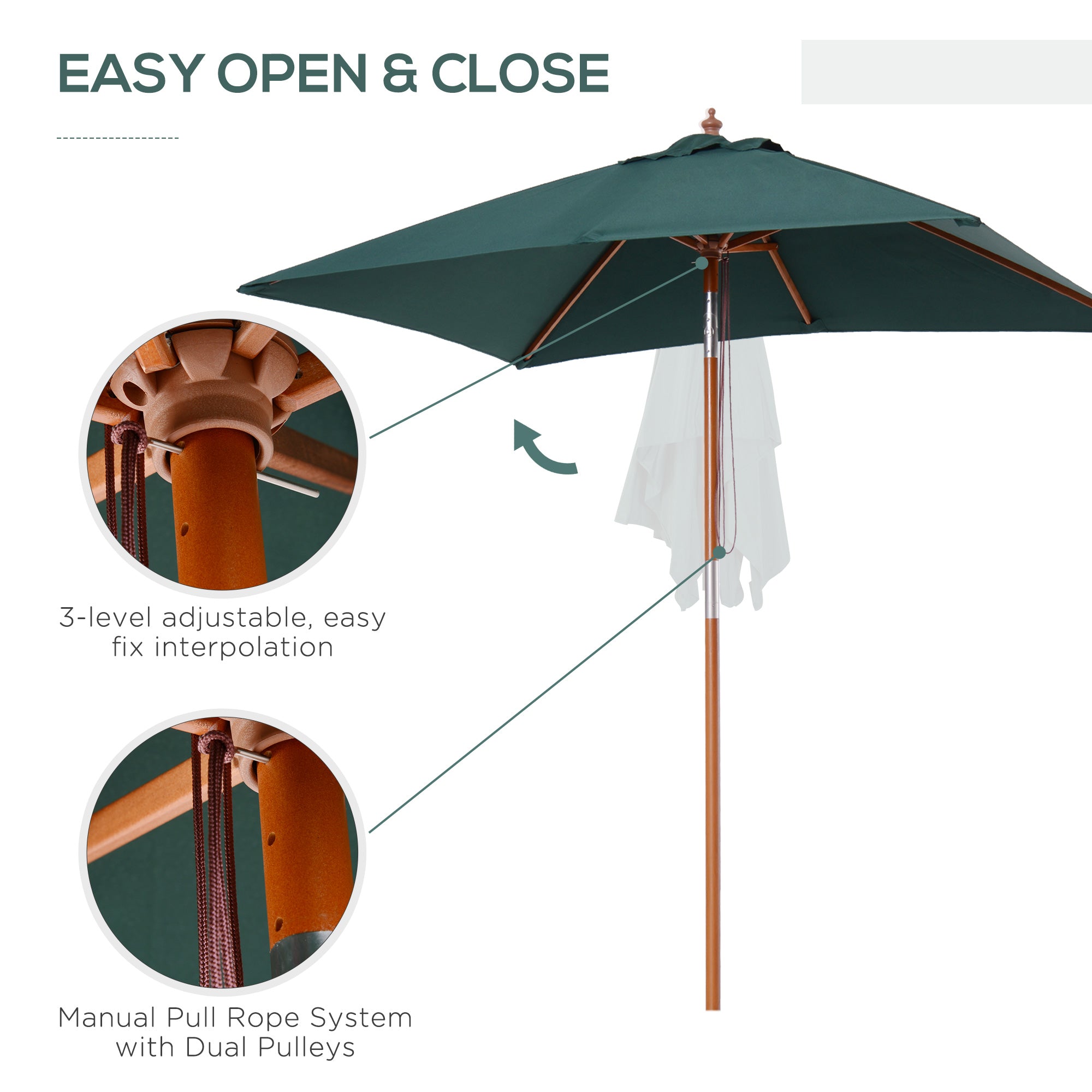 Outsunny 2m x 1.5m Garden Parasol Umbrella with Tilting Sunshade Canopy, Outdoor Market Table Umbrella with Wood and Bamboo Frame, Green 
