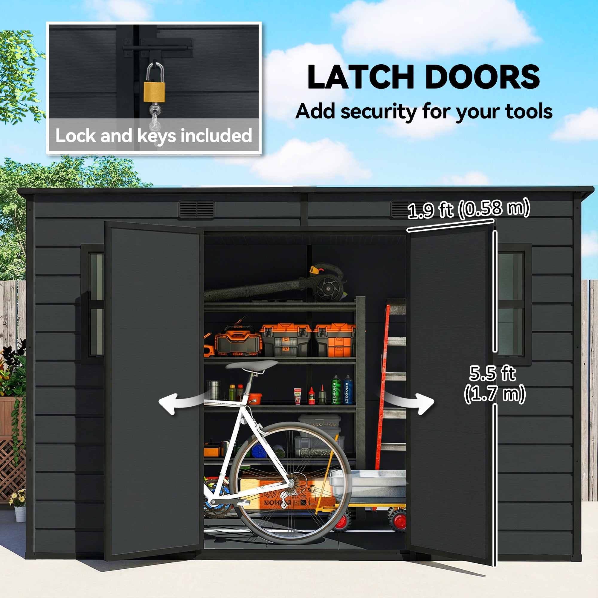 Outsunny 10 x 6 ft Resin Garden Shed, Outdoor Storage Shed with Floor, Windows, Lockable Doors and Vents, Dark Grey 