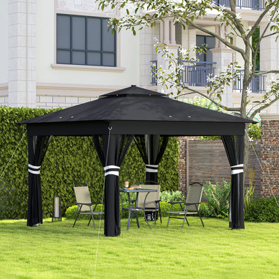 Outsunny 3 x 3(m) Pop Up Gazebo Party Tent with Solar-Powered LED Lights, Adjustable Event Shelter with Netting, Black 