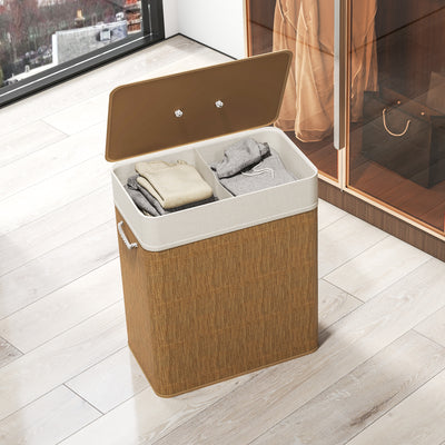 HOMCOM Double Laundry Basket with Lid, 100L Bamboo Laundry Hamper with Rope Handles, Washing Basket with Removable Liner for Bathroom, Bedroom, Brown 