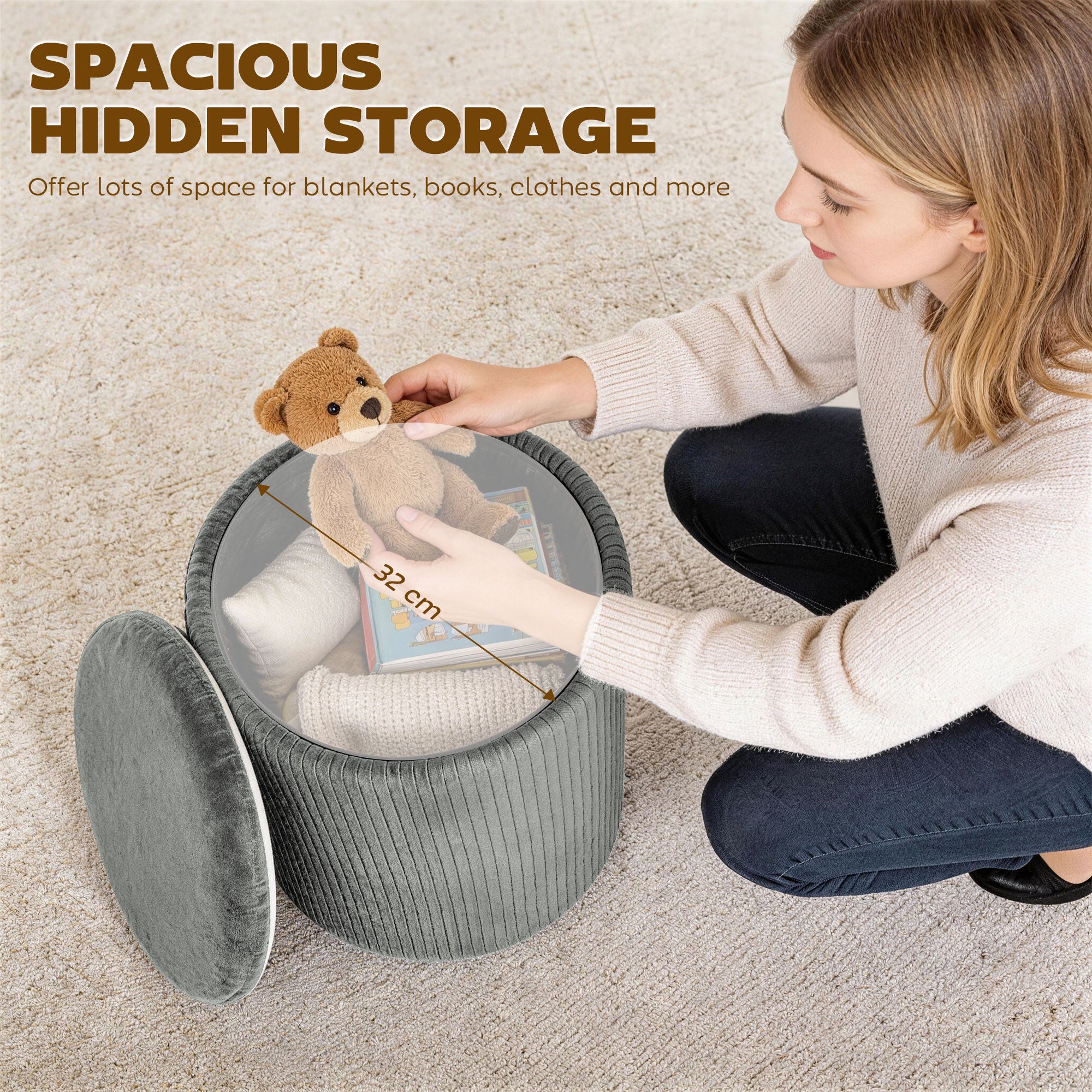HOMCOM Storage Ottoman Modern Velvet Round Foot Stool for Living Room Bedroom 45 cm Grey 