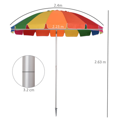 Outsunny Arc. 2.4m Beach Umbrella with Sand Anchor, Outdoor Sun Shade Parasol with UV Protection, Adjustable Tilt, Carry Bag, Multicolour 