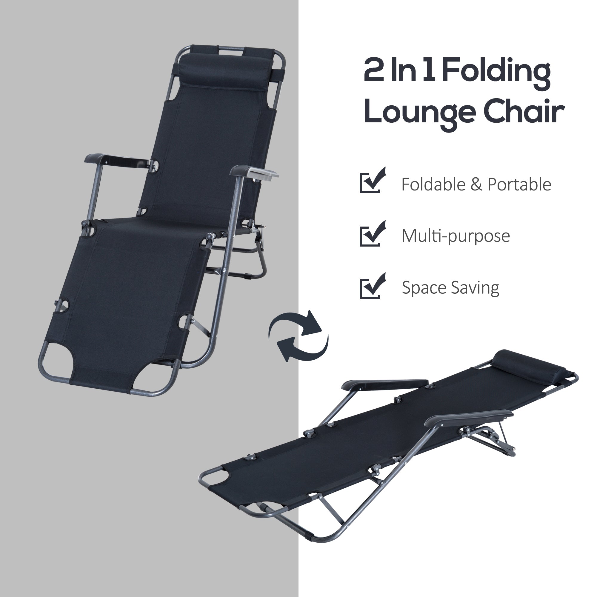 Outsunny Metal Frame 2 In 1 Sun Lounger w/ Pillow Black 