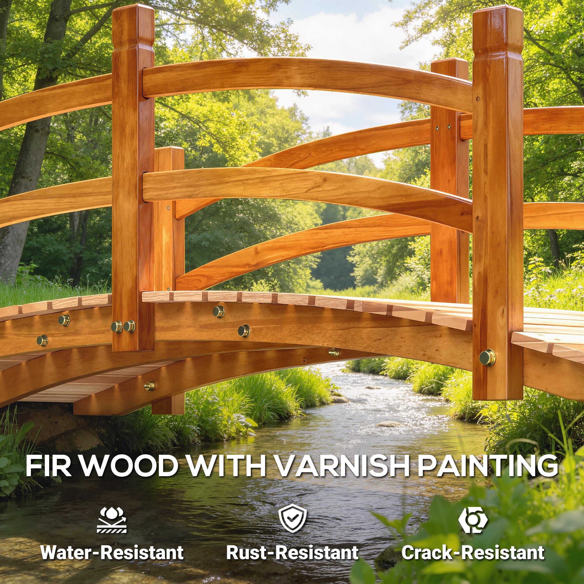 Outsunny 6FT Wooden Garden Bridge with Safety Railings, Classic Arc Footbridge for Stream Pond Walkway, Orange 