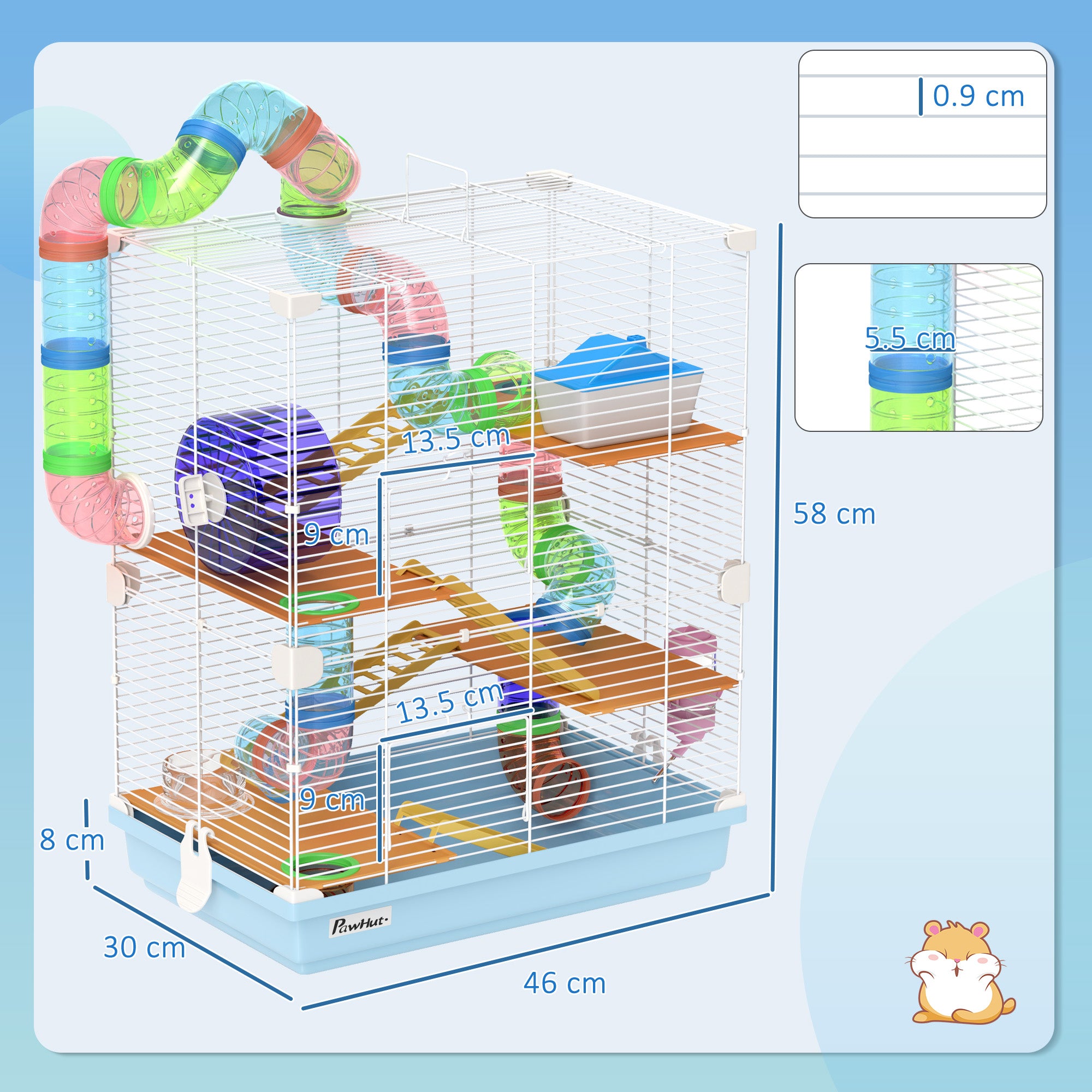 PawHut 5 Tier Hamster Cage Carrier Habitat w/ Exercise Wheels, Tunnel, Light Blue 