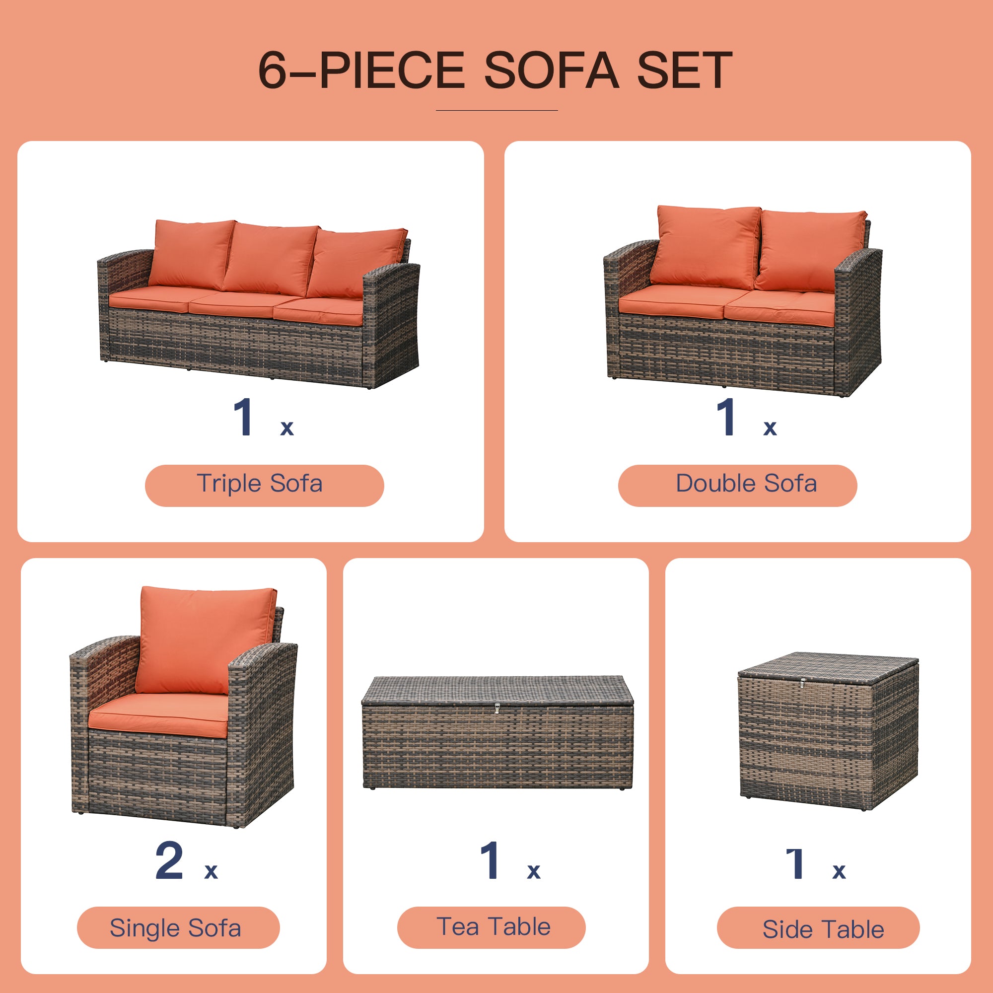 Outsunny 6 Pieces Rattan Garden Furniture Set, 7 Seater Wicker Outdoor Furniture Set with Storage Tea Table & Side Table, Sectional Garden Sofa Set with Cushions, Orange 