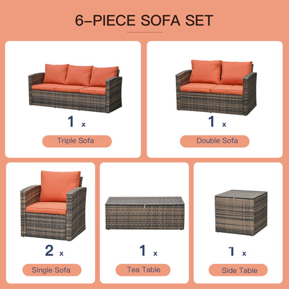 Outsunny 6 Pieces Rattan Garden Furniture Set, 7 Seater Wicker Outdoor Furniture Set with Storage Tea Table & Side Table, Sectional Garden Sofa Set with Cushions, Orange 