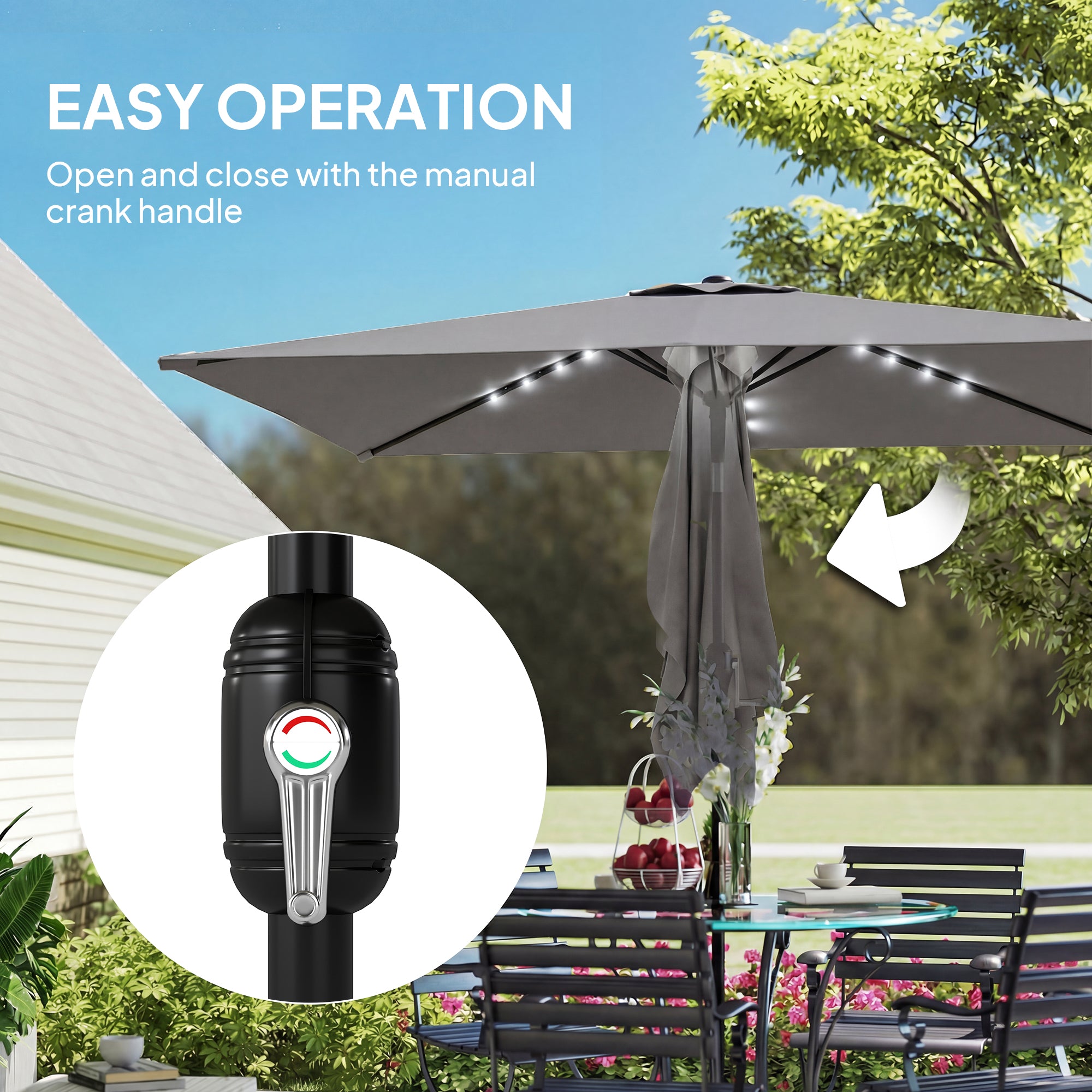 Outsunny 3 x 2 m Garden Parasol Umbrella with LED Solar Light, Parasol Cover, Outdoor Market Patio Umbrella, Dark Grey 