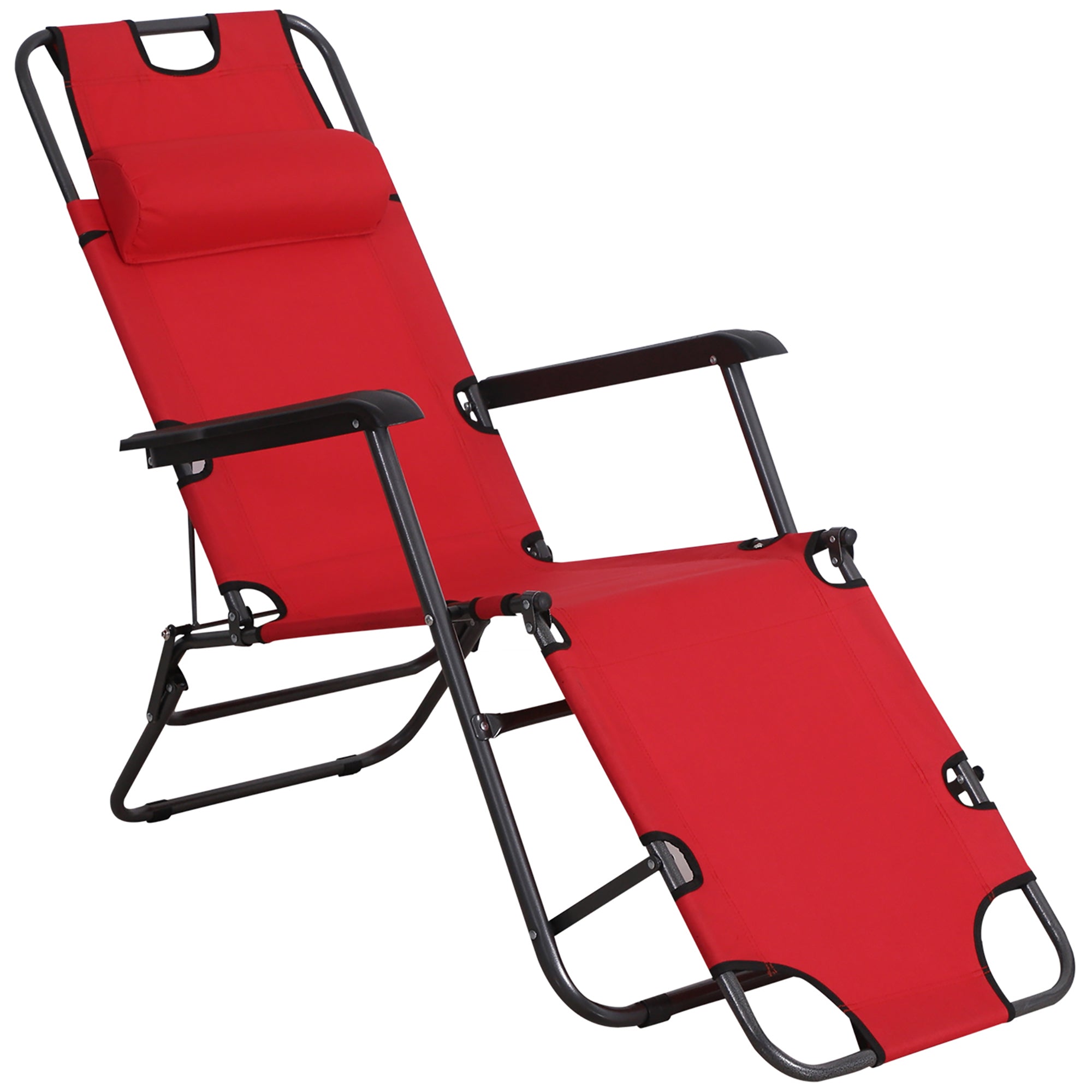 Outsunny 2 in 1 Sun Lounger Folding Reclining Chair Garden Outdoor Camping Adjustable Back with Pillow, Red 