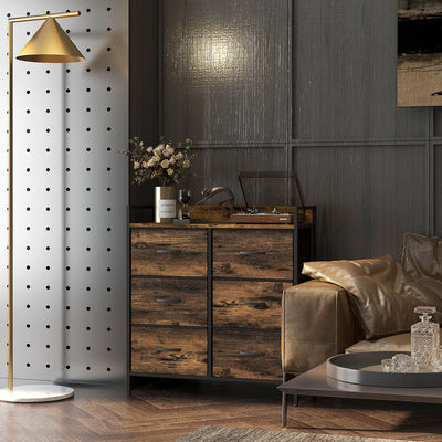 HOMCOM Rustic Chest of Six Fabric Drawers - Rustic Brown 