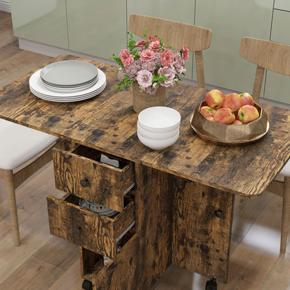 HOMCOM Multi-Storage Six-Person Drop Leaf Dining Table -  Rustic Brown