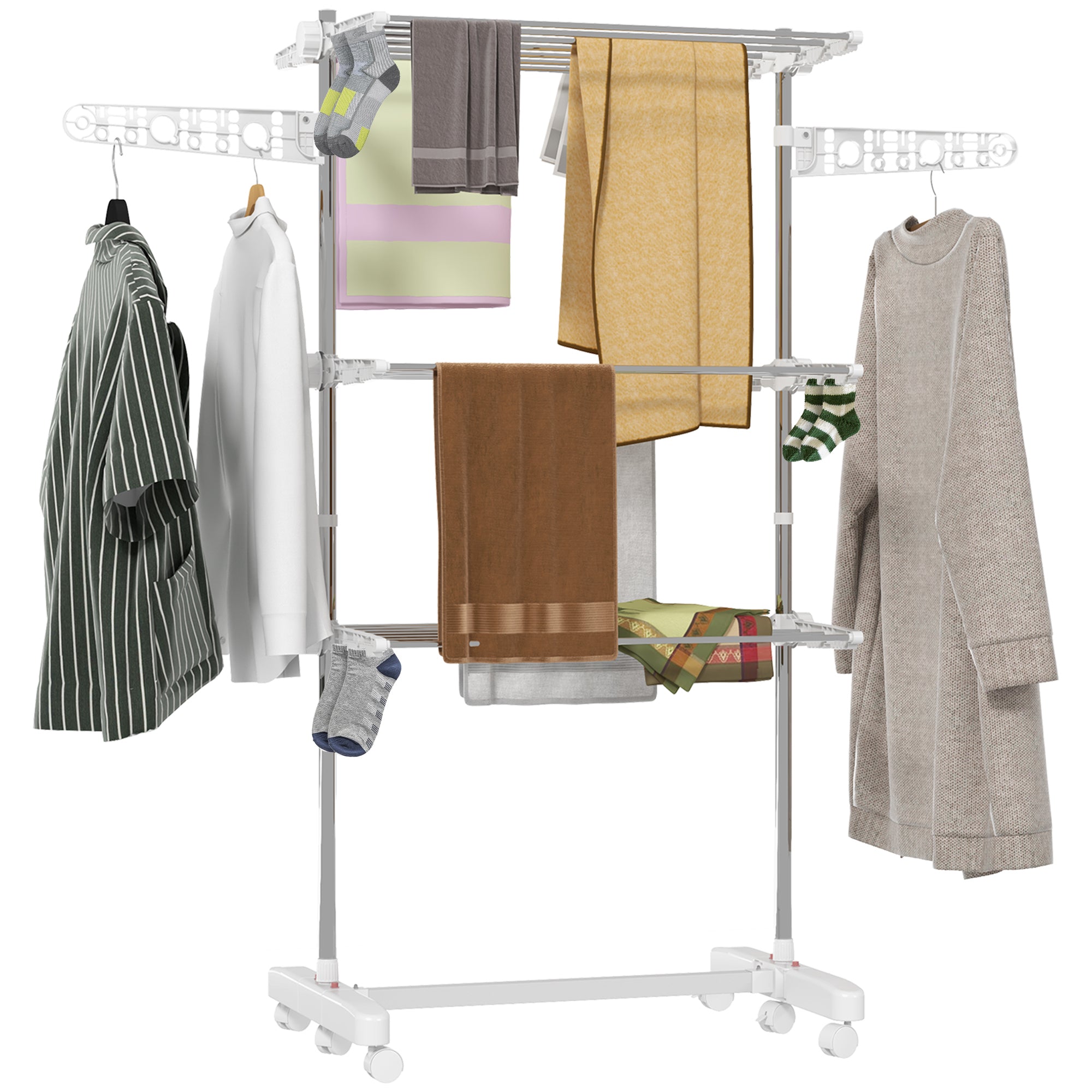 HOMCOM 3-Tier Clothes Airer, Stainless Steel Foldable Clothes Drying Rack with Wheels and Wings, Indoor and Outdoor, Easy Assembly, 142 x 55 x 152cm, White 