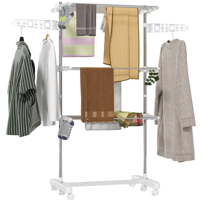 HOMCOM 3-Tier Clothes Airer, Stainless Steel Foldable Clothes Drying Rack with Wheels and Wings, Indoor and Outdoor, Easy Assembly, 142 x 55 x 152cm, White 