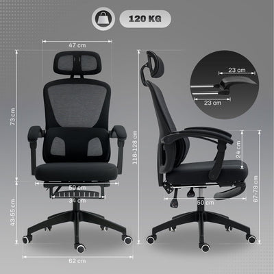 HOMCOM Ergonomic Office Chair, Mesh High Back Desk Chair with Adjustable Lumbar Support and Headrest, Footrest, Reclining Executive Swivel Computer Chair for Home Study, Black 