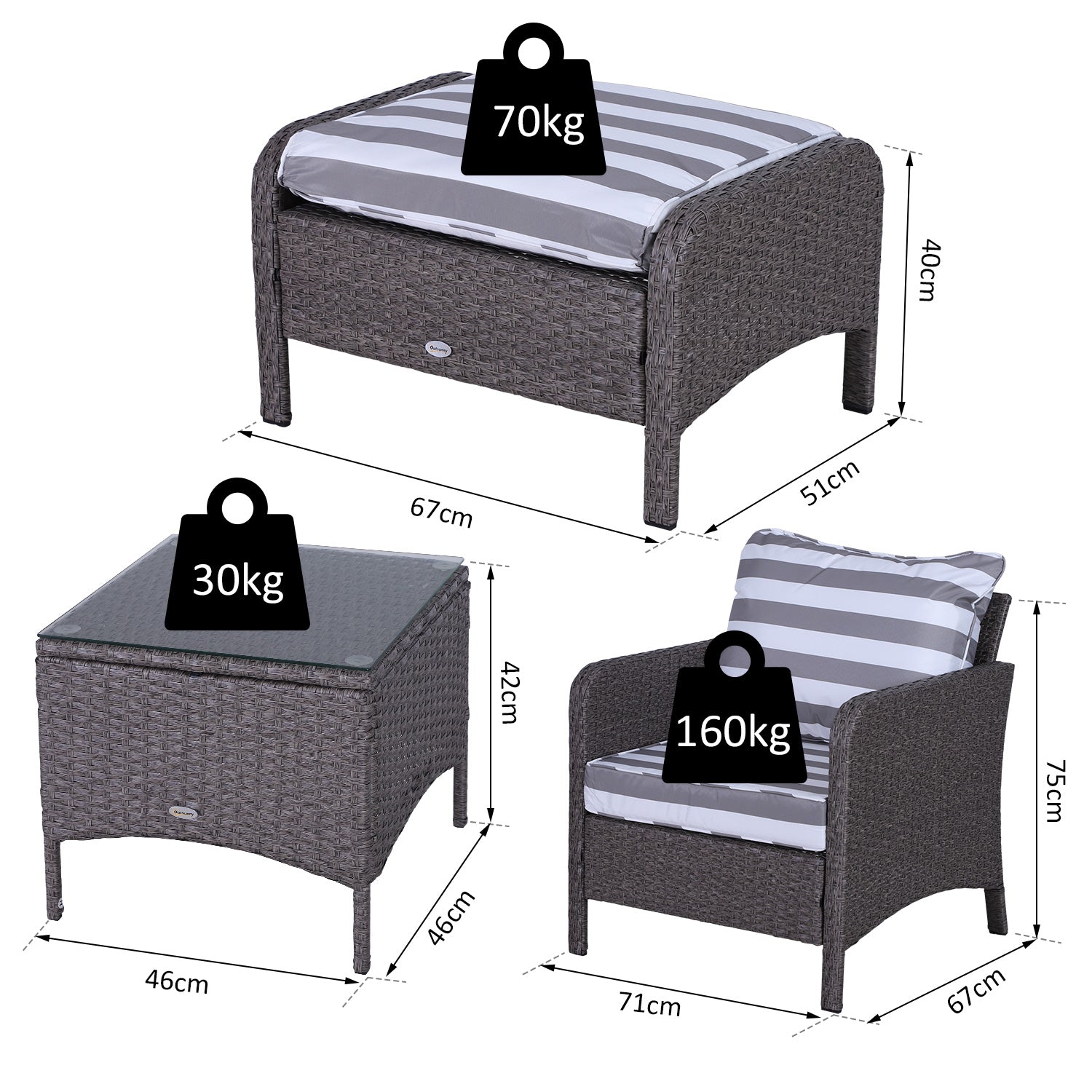 Outsunny 5 Pieces PE Rattan Garden Furniture Set with 10cm Thick Padded Cushions, Wicker Weave Outdoor Seating Chairs with 2 Armchairs, 2 Stools, Glass Top Table, Dark Grey 