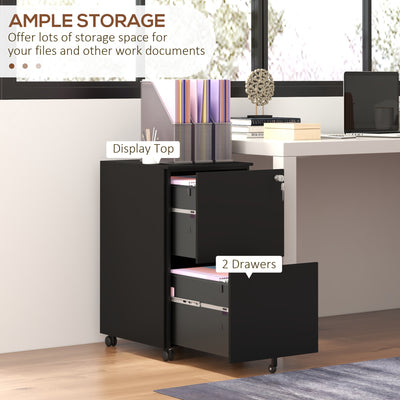 Vinsetto 2-Drawer Vertical Filing Cabinet with Lock and 5 Wheels, Steel Mobile File Cabinet, for A4, Legal and Letter Size, Pre-Assembled Body, Black 