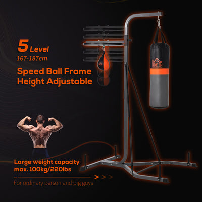 HOMCOM Freestanding Boxing Punch Bag & Speed Ball Station Hanging Frame Training Exercise Platform Home Gym Heavy Duty, Grey 