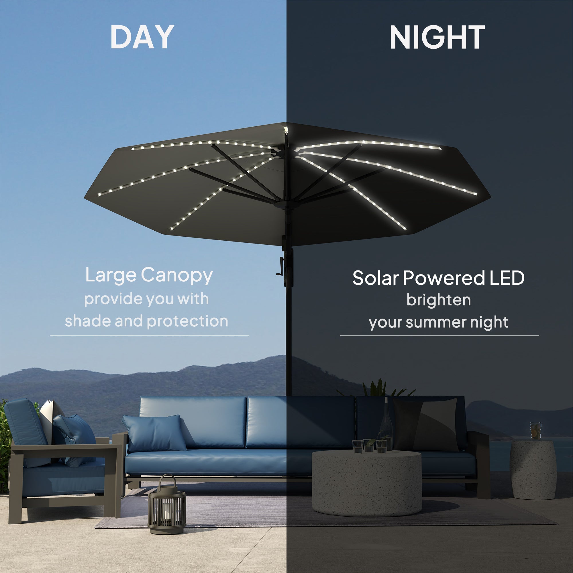 Outsunny 3(m) Cantilever Garden Parasol with Solar Powered Lights, Crank Handle & Cross Base, UPF 50+, 360° Rotation, Dark Grey 