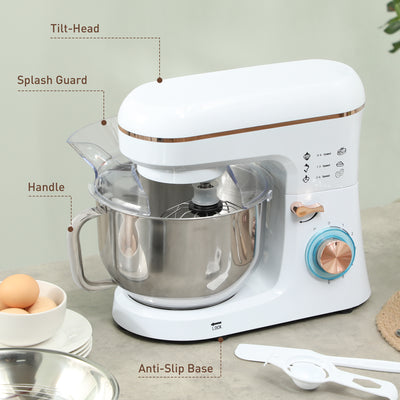 HOMCOM Stand Mixer, 5L Food Mixer for Baking, 6 Speeds and Pulse Setting, 1400W Cake Electric Kitchen Mixer with Dough Hook, Whisk, Stainless Steel Bowl, Splash Guard, Beater, White 