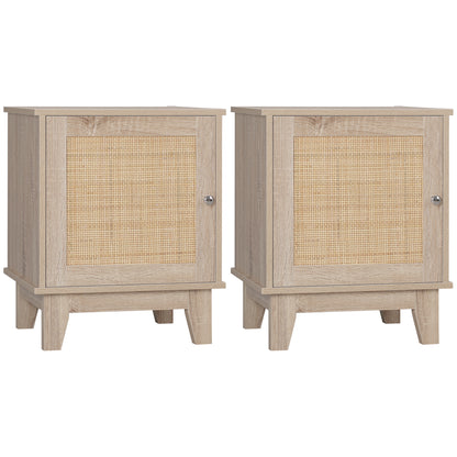HOMCOM Bedside Table, Bedside Cabinet with Storage Cupboard, Side End Table with Rattan Element for Living Room, Bedroom, Set of 2, Natural