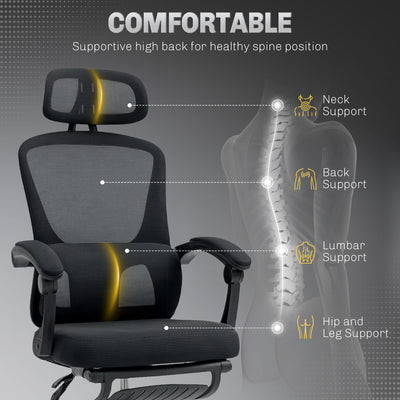 HOMCOM Ergonomic Office Chair, Mesh High Back Desk Chair with Adjustable Lumbar Support and Headrest, Footrest, Reclining Executive Swivel Computer Chair for Home Study, Black 