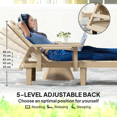 Outsunny Set of 2 Reclining Sun Loungers, 5 Positions Adjustable Outdoor Chaise Lounge Chair with Armrests, Khaki 