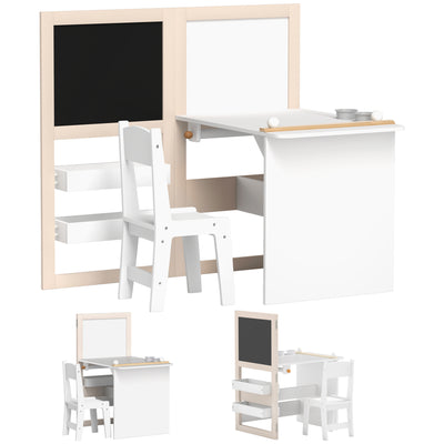 AIYAPLAY 3 in 1 Kids Table and Chair Set with Storage, Whiteboard, Blackboard & Roll Paper for 3-8 Years, White 