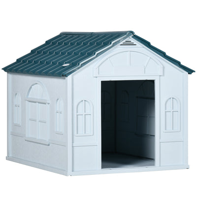 PawHut Plastic Weather-Resistant Dog House, for Indoors and Outdoors, Medium Dogs - White and Blue 