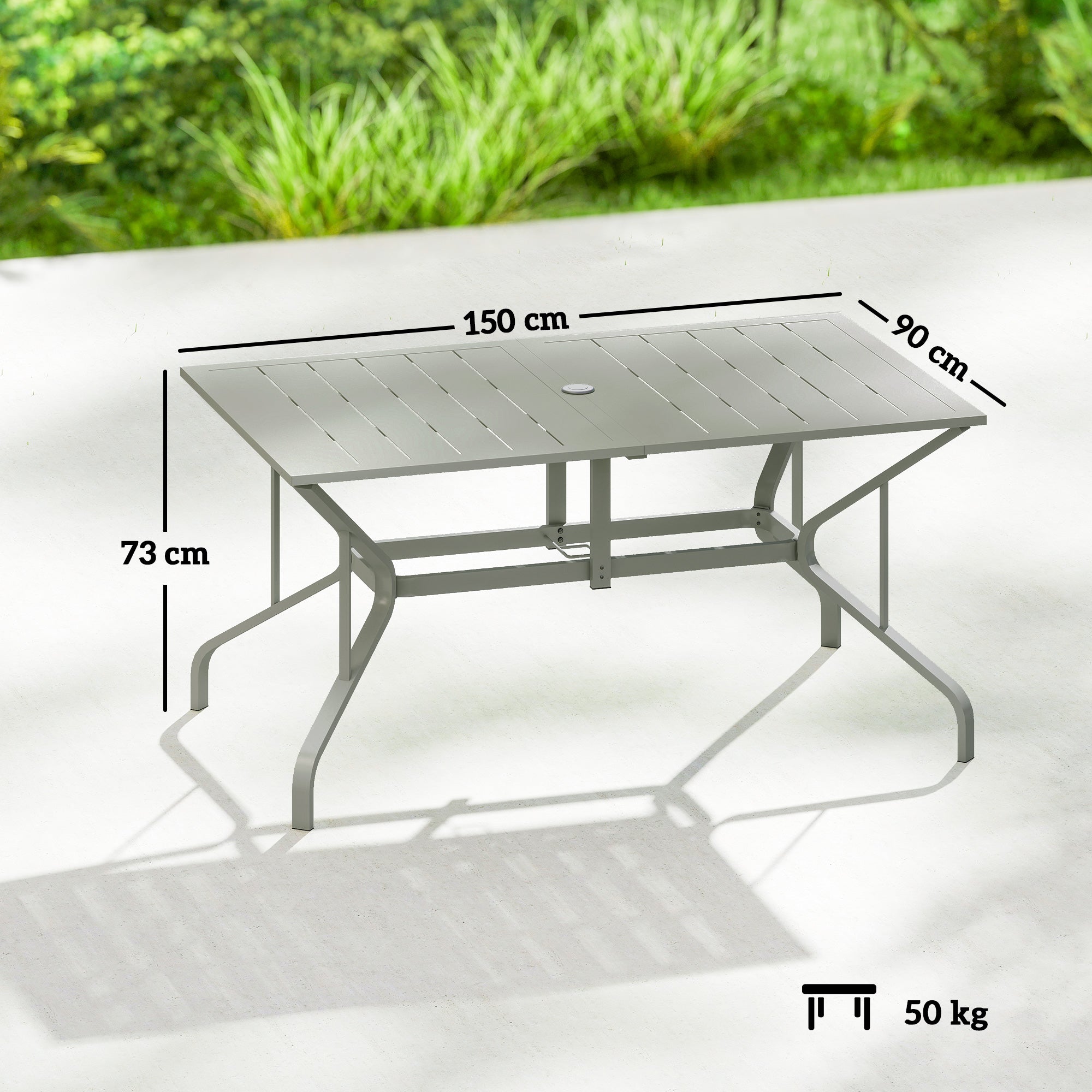 Outsunny Rectangle Garden Table with Parasol Hole, Outdoor Dining Table for 6, Patio Table for Balcony, 150cm x 90cm, Light Grey 