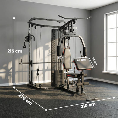 SPORTNOW Home Multi Gym Smith Machine with 65kg Weight Stack, Cable Pulley System, Chest Station, Preacher Pad & Leg Developer 