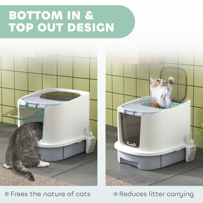 PawHut Cat Litter Box with Lid, Scoop, Deodorization Bags, Top Entry, Cat Toilet Easy Clean with Drawer Pan, Grey 
