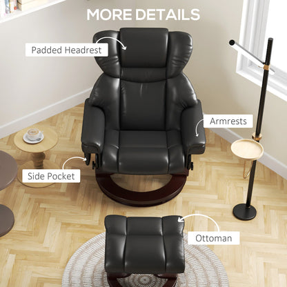 HOMCOM Massage Recliner Chair with Footstool, Upholstered Reclining Armchair with Adjustable Backrest, Steel Frame and Wood Base, Swivel Chair for Living Room, Bedroom, Black 