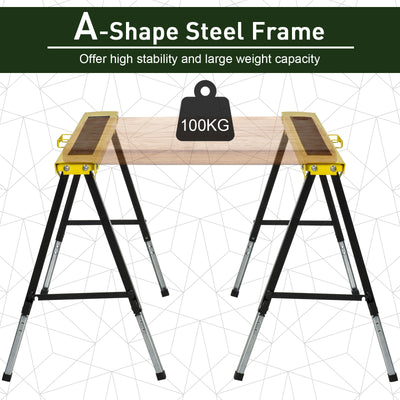 DURHAND 2PCS Saw Horse Twin Pack Folding Workbench Adjustable Metal Trestle Stands with Non-slip EVA Surface for Sawing Work Max Load 100kg 