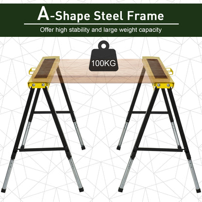 DURHAND 2PCS Saw Horse Twin Pack Folding Workbench Adjustable Metal Trestle Stands with Non-slip EVA Surface for Sawing Work Max Load 100kg 