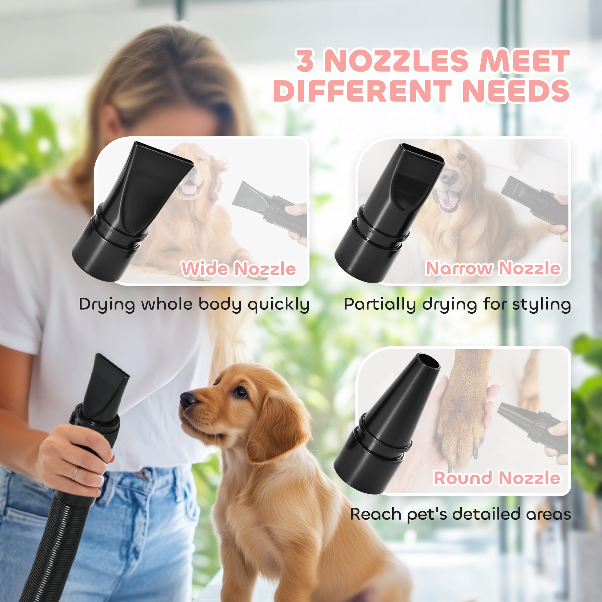 PawHut 2200W Dog Hair Dryer with Adjustable Temperature & Velocity, 3 Different Nozzles, Pink 