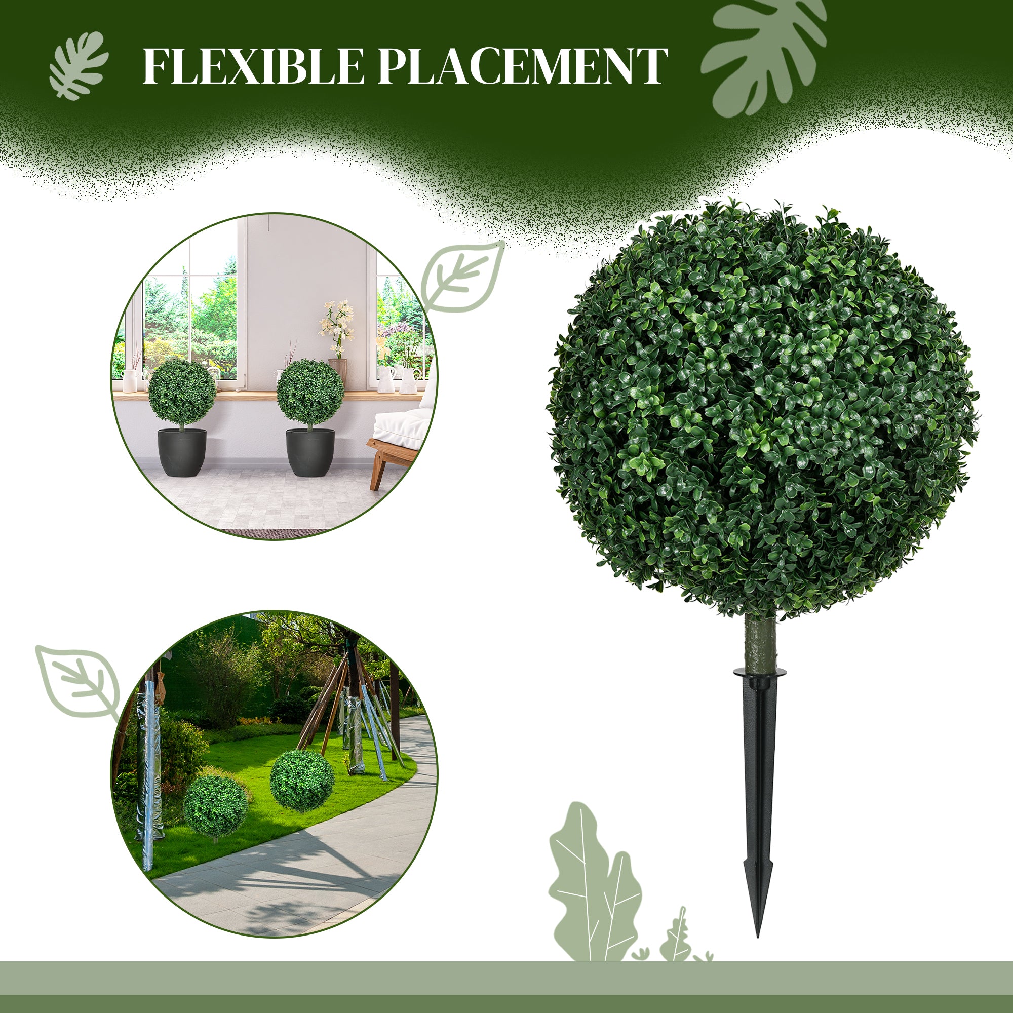 HOMCOM Artificial Boxwood Trees w/ Ground Stake, Set of 2 Ball Shaped Topiary Trees for Home Office & Living Room, UV Resistant 