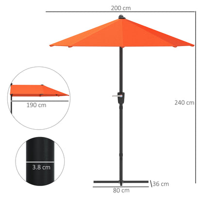Outsunny 2m Half Parasol Market Umbrella Garden Balcony Parasol with Crank Handle, Cross Base, Double-Sided Canopy, Orange 