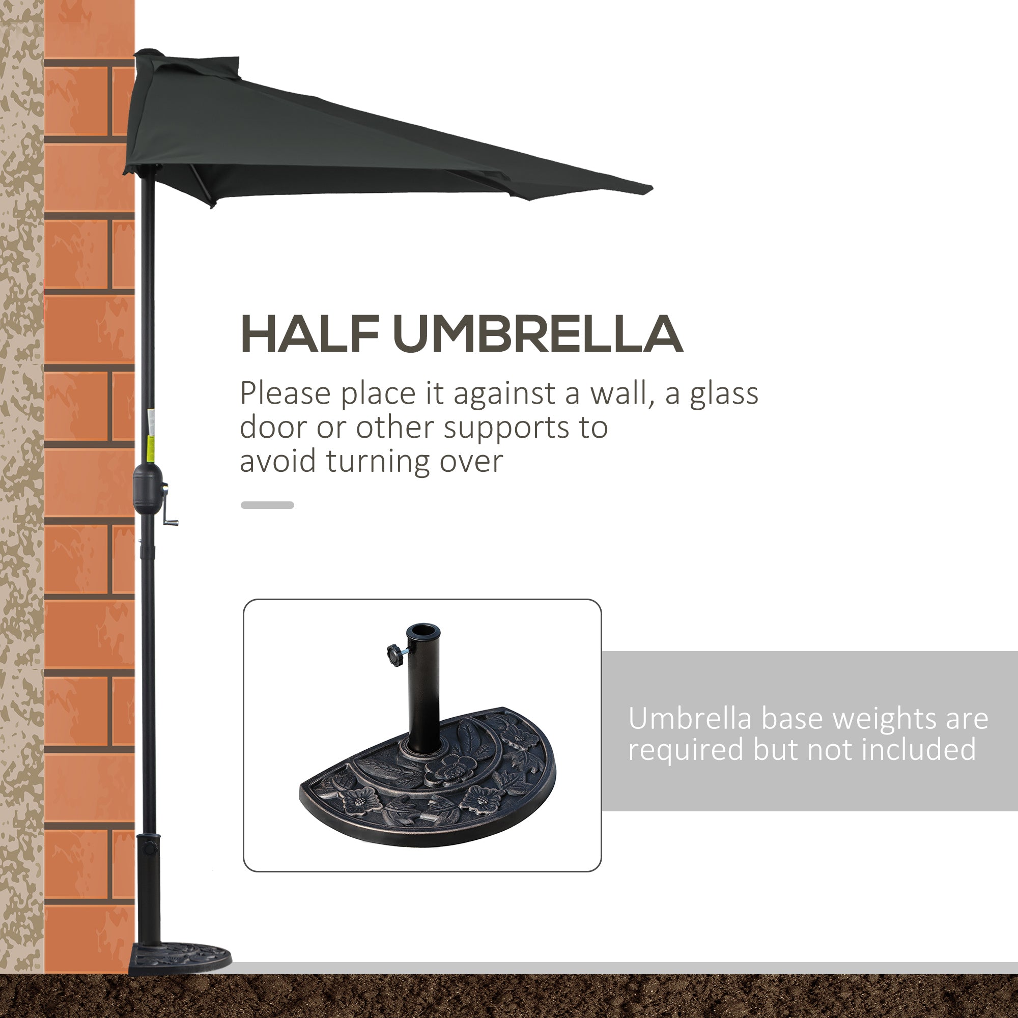 Outsunny 3(m) Half Parasol Semi Round Umbrella Patio Metal Frame Crank Handle for Balcony-- NO BASE INCLUDED, Black 