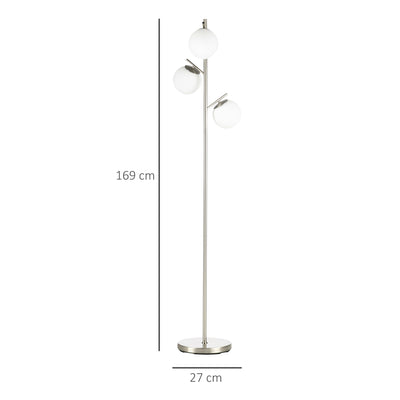 HOMCOM 3-Light Tree Floor Lamps for Living Room, Modern Standing Lamp for Bedroom with Globe Lampshade, Steel Base, Bulb not Included, Silver 